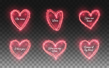 Red heart shape frame firework light glow effect with sparkles. Template for love text, romantic Valentine Day greeting card decorative elements on transparent background