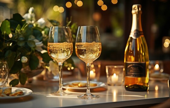 Concept for dinner party and celebration: close-up of a hand pouring champagne from a bottle into a glass on a table in a restaurant or at home.