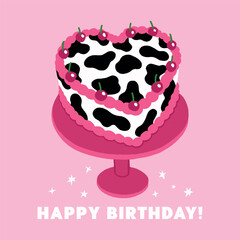 Birthday card, pink colors, heart shaped cake with cherries, cute funny design cowboy party