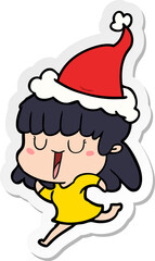 hand drawn sticker cartoon of a woman wearing santa hat