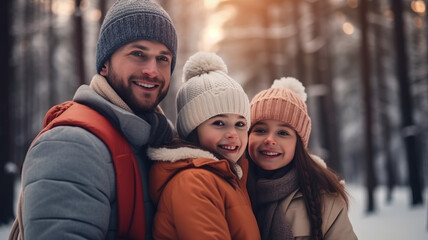 Joyful winter family moments: parents and daughters share smiles outdoors,generative ai
