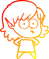 warm gradient line drawing of a cartoon elf girl staring