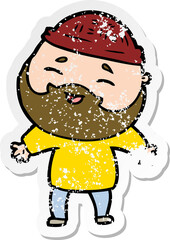 distressed sticker of a cartoon happy bearded man