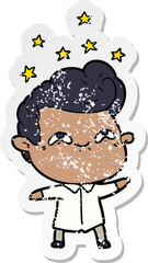 distressed sticker of a cartoon excited man