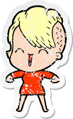 distressed sticker of a cartoon happy hipster girl