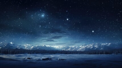 a snowy landscape with mountains and stars in the sky