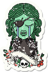 grunge sticker of a crying orc rogue character face with natural one D20 roll