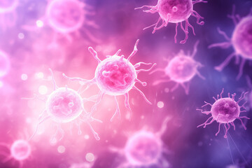 Microscopic view of organic substance, bacteria,virus or cancer cell, macro on pink purple background