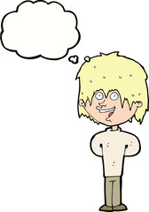 cartoon happy scruffy boy with thought bubble