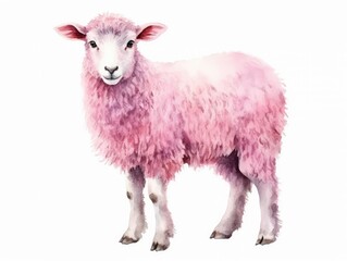 Fototapeta premium Watercolor Pink Sheep Portrait Isolated, Color Aquarelle Lamb, Creative Watercolor Red Sheep