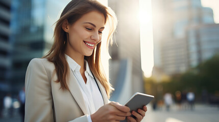 Woman in a business suit is smiling while looking at a tablet, standing outside a modern office building with glass reflections in the background.