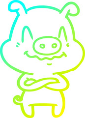 cold gradient line drawing of a nervous cartoon pig