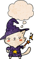 cartoon cat wizard with thought bubble in grunge texture style
