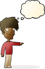 cartoon happy man pointing with thought bubble