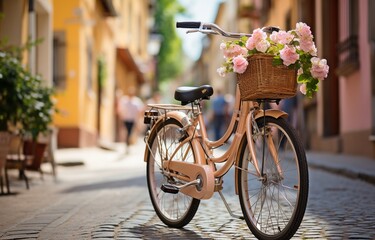 Fototapeta na wymiar In a European city, a retro bicycle with a basket and flowers .