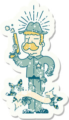 worn old sticker of a tattoo style wild west sheriff