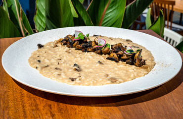 Plate of creamy mushroom risotto adorned with skillfully cut mushrooms on top. The dish exudes warmth and comfort, making it a perfect addition to culinary presentations, recipe books, or project.