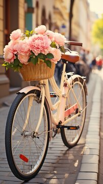 In a European city, a retro bicycle with a basket and flowers .