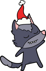 friendly hand drawn line drawing of a wolf wearing santa hat