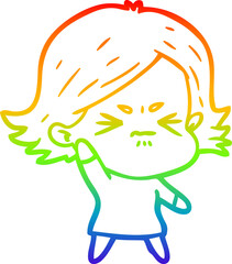 rainbow gradient line drawing of a cartoon angry girl