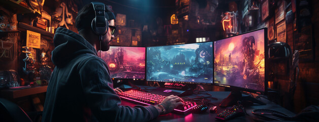 wide banner background image with gamer console workplace table with Pc computer screen and accessories in neon light effects,  - obrazy, fototapety, plakaty