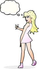 cartoon woman posing in dress with thought bubble