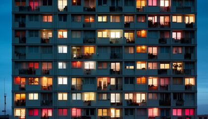 Fototapeta na wymiar apartment panel building with lights in windows by night