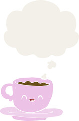 cartoon hot cup of coffee with thought bubble in retro style