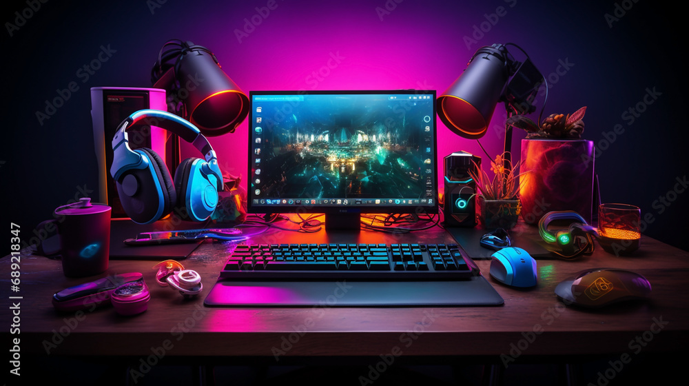 Fototapete wide banner background image with gamer console workplace table with pc computer screen and accessor