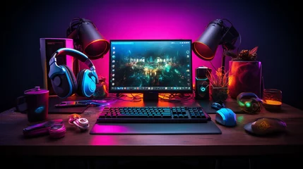 Poster wide banner background image with gamer console workplace table with Pc computer screen and accessories in neon light effects,  © Sudarshana