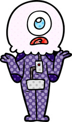 cartoon cyclops alien spaceman shrugging shoulders