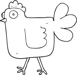 freehand drawn black and white cartoon chicken