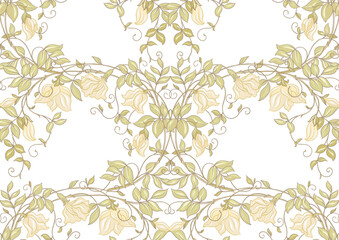 Fantasy flowers, decorative flowers and leaves in art nouveau style, vintage, old, retro style. Seamless pattern, background. Vector illustration. Outline hand drawing vector illustration.