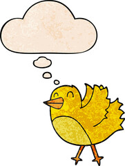 cartoon bird with thought bubble in grunge texture style