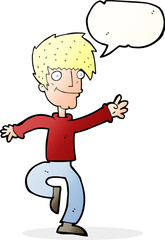cartoon happy man dancing with speech bubble