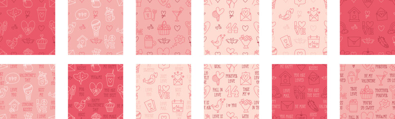 Set of Valentines Day doodle style seamless pattern, hand-drawn love theme icons and quotes background. Romantic mood cute symbols and elements collection.