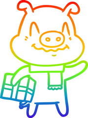 rainbow gradient line drawing of a nervous cartoon pig with present