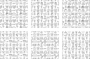Valentines Day doodle style seamless pattern set in black and white, hand-drawn love theme icons and quotes background. Romantic mood, cute symbols and elements collection.