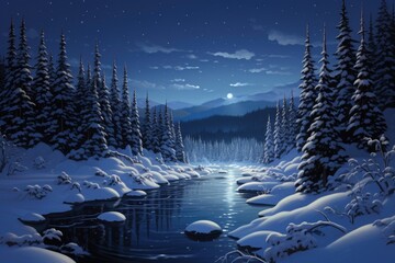 a illustration of a snowy river surrounded by trees