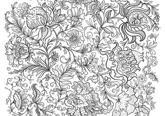 Fantasy flowers in retro, vintage, jacobean embroidery style. Seamless pattern, background. Outline, vector illustration.