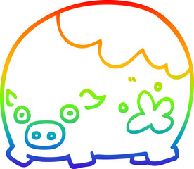 rainbow gradient line drawing of a cartoon dirty pig