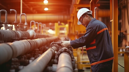 Male worker inspects steel pipes in oil refinery - obrazy, fototapety, plakaty