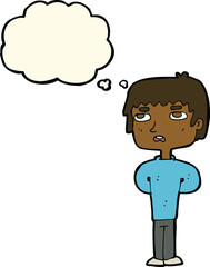 cartoon unhappy man with thought bubble