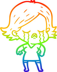 rainbow gradient line drawing of a cartoon girl crying