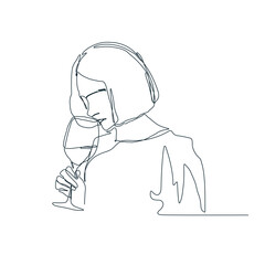 Person with wine glass single line vector illustration. Tasting wine line art - 689219535