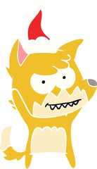 hand drawn flat color illustration of a grinning fox wearing santa hat