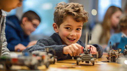 Happy boy enjoys robotics class with classmates