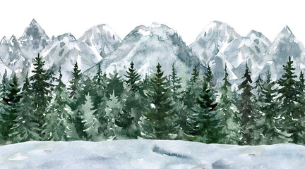 Nature scene, mountains, and pine forest in winter, watercolor illustration. Conifer trees and hills landscape hand-painted graphic.