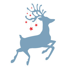 Jumping christmas deer with stars isolated, jumping reindeer silhouette - stock vector