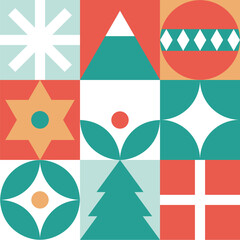 Bauhaus-Style Christmas pattern - trendy colored mosaic texture. Geometric seamless pattern with winter elements. Christmas decoration in Scandinavian style. New year texture.